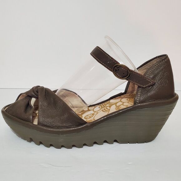 Fly London Yoel Olive Green Leather Lug Sole Peep Toe Wedge Shoes 8 - Picture 2 of 12